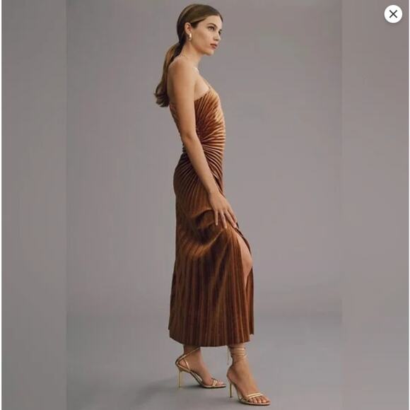Delfi One Shoulder Velvet Pleated Brown A-Line Lea Dress - Picture 2 of 9